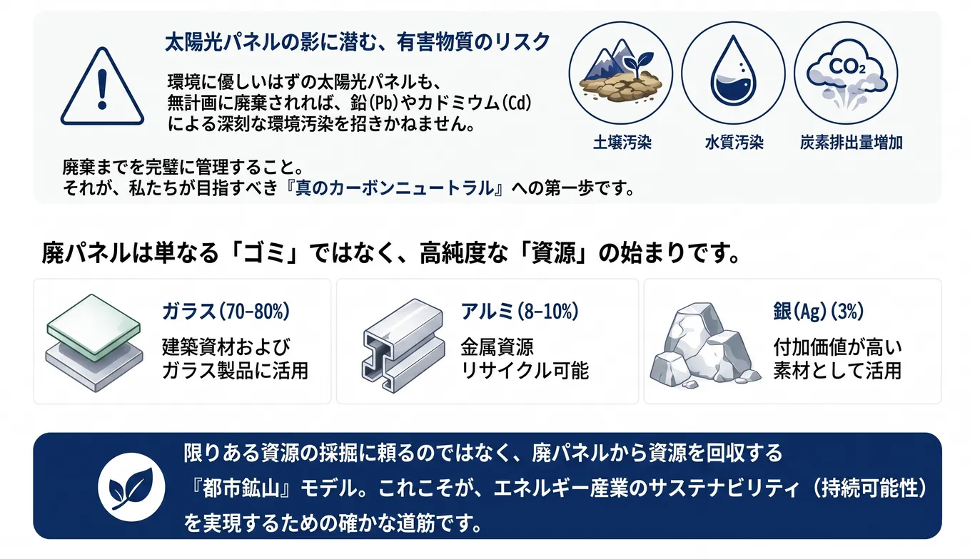 太陽光パネルの影に潜む、有害物質のリスク。廃パネルは単なる「ゴミ」ではなく、高純度な「資源」の始まりです。